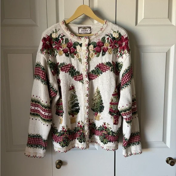 Tiara International | Vintage knit Christmas Cardigan. Size 26. Holiday floral - Picture 1 of 13